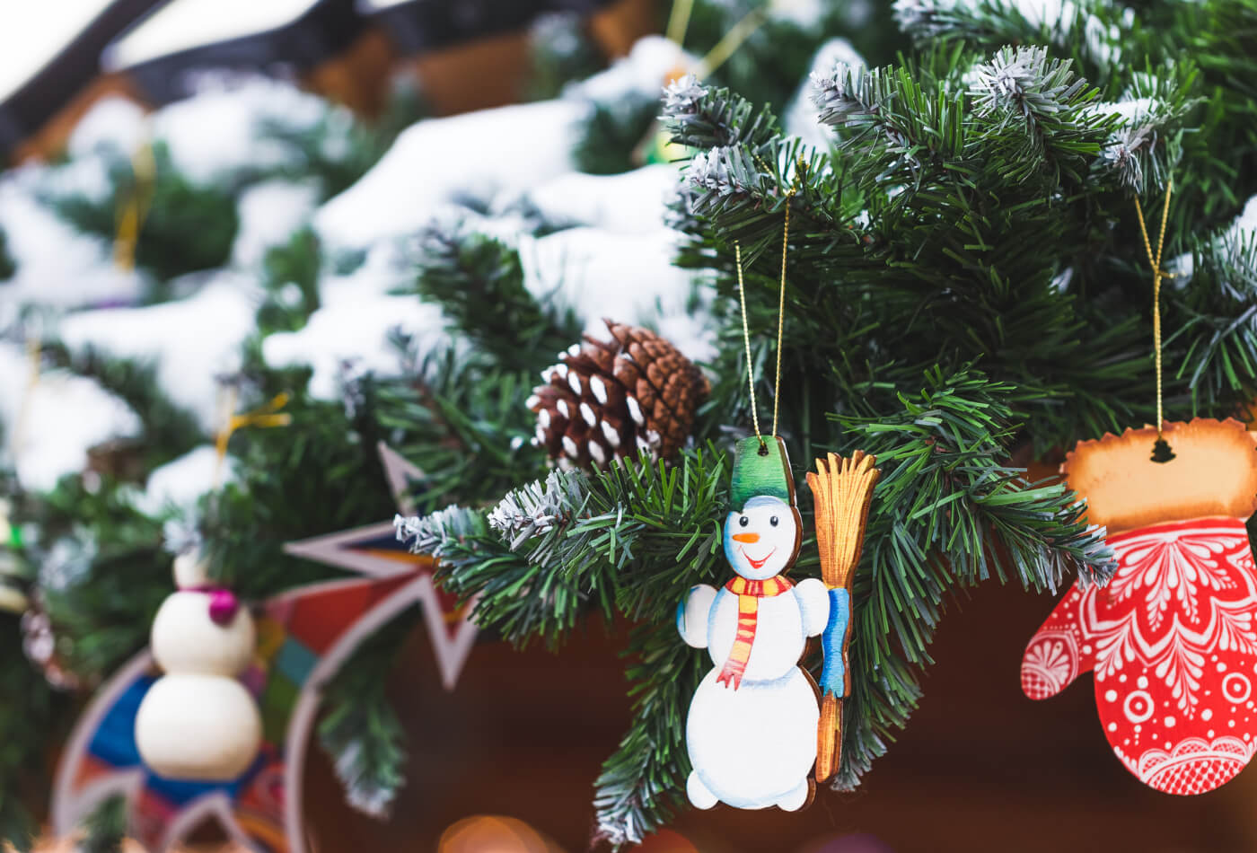 Christmas tree with snow and Christmas decorations