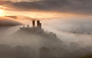 Corfe Castle surrounded by mist