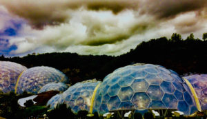 Eden Project domes underneath rolling clouds