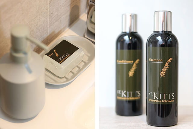 luxury toiletries in a bathroom.