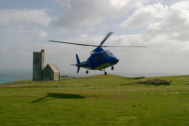 Helicopter landing on Lundy Island