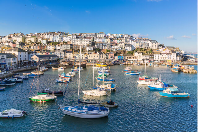 Brixham Harbour with town of Brixham in the background