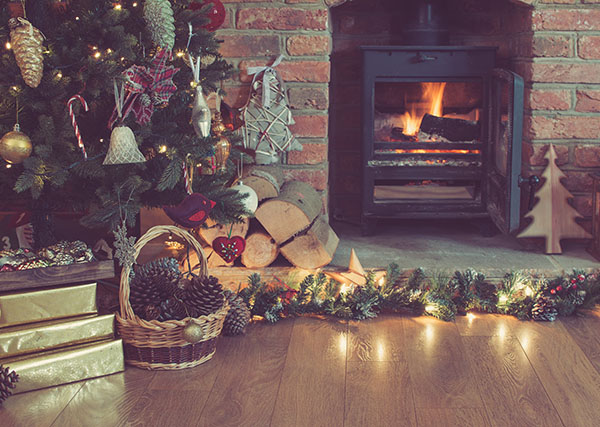 Decorated fireplace with Christmas tree - cottage Christmas décor