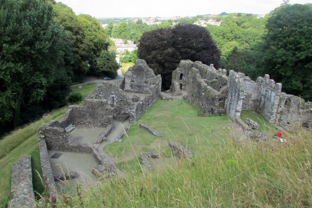 A view of the ruins of Okehampton Castle from above.