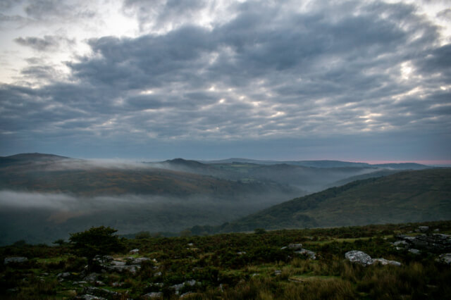 The mists over the Dartmoor landscape.