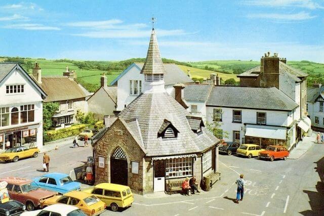 Chagford's Market House, an octagonal building in the centre of town in Dartmoor, Devon.