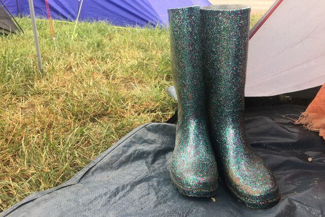 Glitter wellies a festival essential.