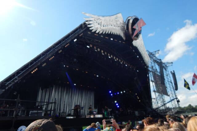 The iconic pyramid stage with a tribute to David Bowie at Glastonbury Festival in 2016.