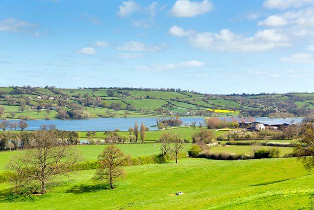 A scenic view of Blagdon Lake in Somerset.